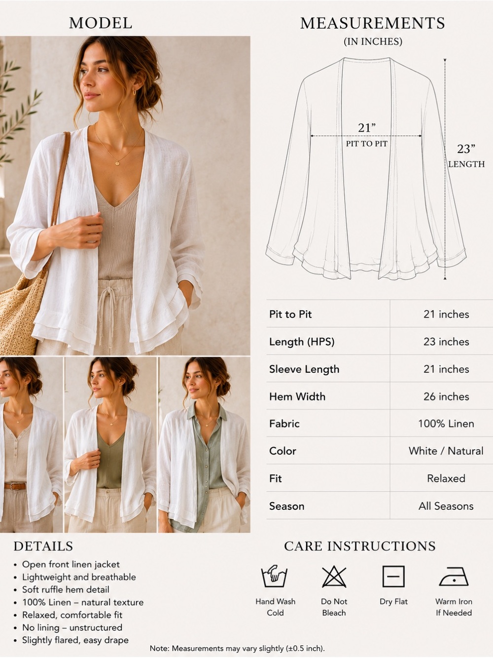 Relaxed Open-Front Linen Jacket - White / Natural 100% linen